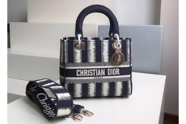 Replica Christian Dior M0565 Dior Medium Lady d-lite bag in Blue D-Stripes Embroidery