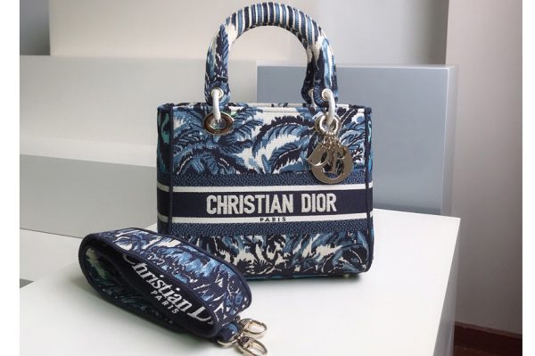 Replica Christian Dior M0565 Dior Medium Lady d-lite bag in Blue Dior Palms Embroidery