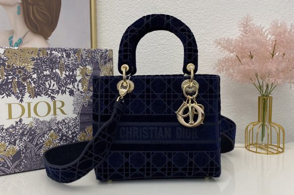 Replica Christian Dior M0565 Dior medium lady d-lite bag in Blue Cannage Embroidered Velvet