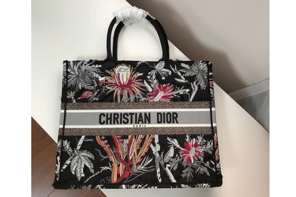 Replica Dior M1286 Dior Book Tote Bag in Black Palm Tree Toile de Jouy Embroidery