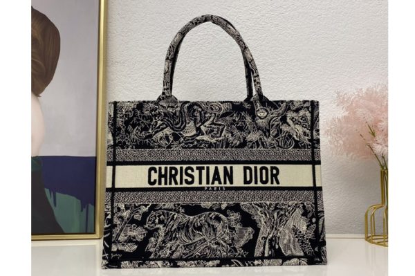 Replica Christian Dior M1296 Dior book tote Bag in Black Toile de Jouy Reverse Embroidery