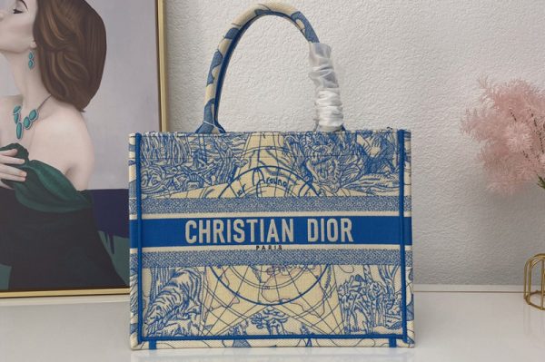 Replica Christian Dior M1296 Small Dior Book Tote Bag in Blue Multicolor Dior Around the World Embroidery