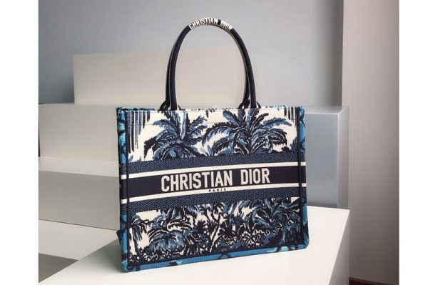 Replica Christian Dior M1296 Small Dior Book Tote Bag in Blue Dior Palms Embroidery