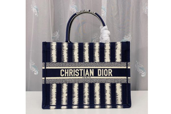 Replica Christian Dior M1296 Small Dior Book Tote Bag in Blue D-Stripes Embroidery