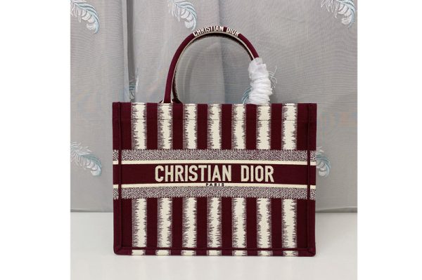 Replica Christian Dior M1296 Small Dior Book Tote Bag in Burgundy D-Stripes Embroidery