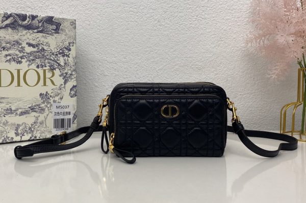 Replica Christian Dior S5037 Dior Caro double pouch in Black Supple Cannage Calfskin