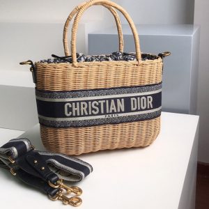 Replica Christian Dior M7601 Dior Wicker basket bag in Blue Dior Oblique Jacquard and Natural Wicker