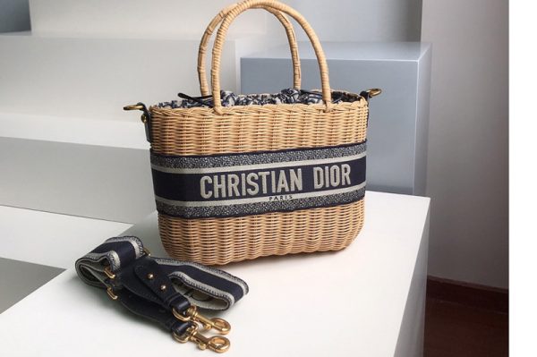 Replica Christian Dior M7601 Dior Wicker basket bag in Blue Dior Oblique Jacquard and Natural Wicker