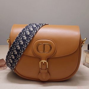 Replica Christian Dior M9320 Large Dior Bobby Bag in Dark Tan Box Calfskin with Blue Dior Oblique Embroidered Strap