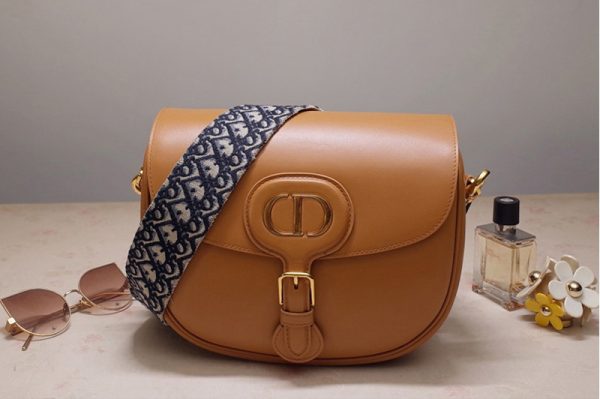 Replica Christian Dior M9320 Large Dior Bobby Bag in Dark Tan Box Calfskin with Blue Dior Oblique Embroidered Strap