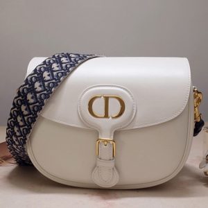 Replica Christian Dior M9320 Large Dior Bobby Bag in Latte Box Calfskin with Blue Dior Oblique Embroidered Strap