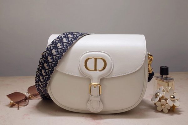 Replica Christian Dior M9320 Large Dior Bobby Bag in Latte Box Calfskin with Blue Dior Oblique Embroidered Strap