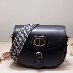 Replica Christian Dior M9320 Large Dior Bobby Bag in Black Box Calfskin with Blue Dior Oblique Embroidered Strap