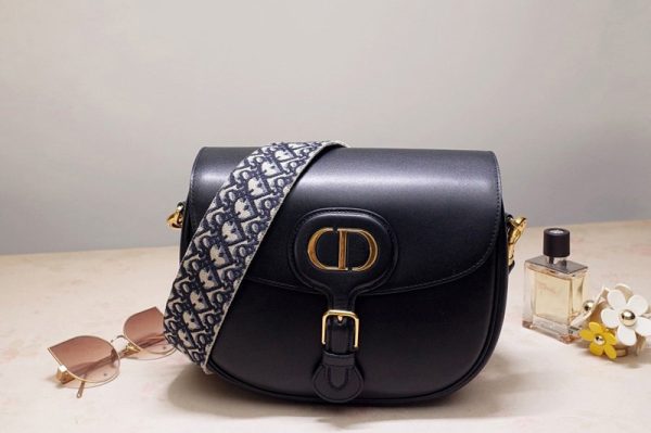 Replica Christian Dior M9320 Large Dior Bobby Bag in Black Box Calfskin with Blue Dior Oblique Embroidered Strap