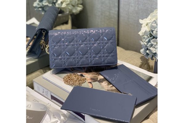 Replica Dior S0204 Lady Dior pouch in Blue Patent Cannage Calfskin