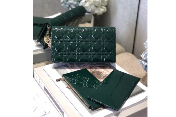 Replica Dior S0204 Lady Dior pouch in Green Patent Cannage Calfskin