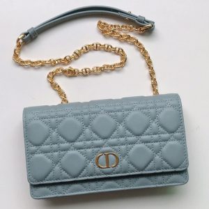 Replica Christian Dior S5091 Dior Caro belt pouch With Chain Bag in Light Blue Supple Cannage Calfskin