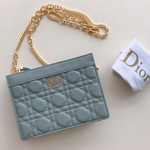 Replica Christian Dior S5106 Dior Caro zipped pouch with chain in Light Blue Supple Cannage Calfskin