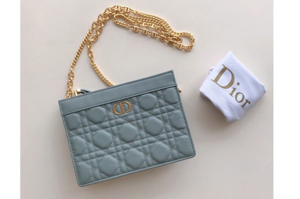 Replica Christian Dior S5106 Dior Caro zipped pouch with chain in Light Blue Supple Cannage Calfskin