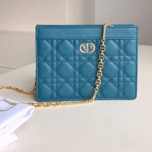 Replica Christian Dior S5106 Dior Caro zipped pouch with chain in Blue Supple Cannage Calfskin