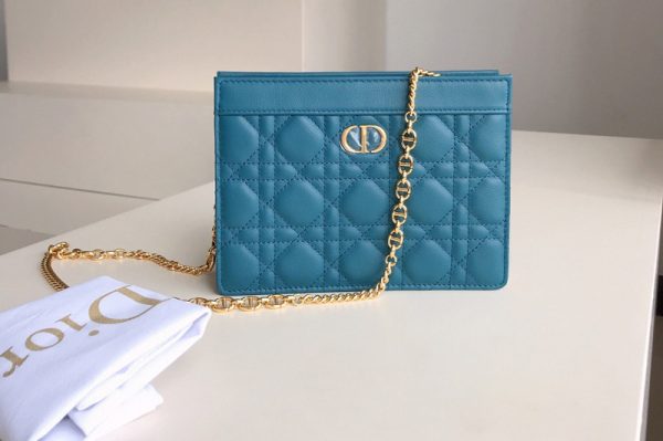 Replica Christian Dior S5106 Dior Caro zipped pouch with chain in Blue Supple Cannage Calfskin