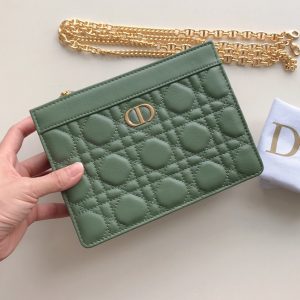 Replica Christian Dior S5106 Dior Caro zipped pouch with chain in Green Supple Cannage Calfskin