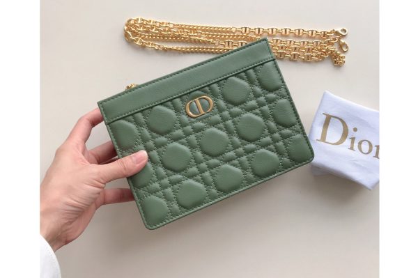 Replica Christian Dior S5106 Dior Caro zipped pouch with chain in Green Supple Cannage Calfskin