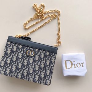 Replica Christian Dior S5106 Dior Caro zipped pouch with chain in Blue Dior Oblique Embroidered