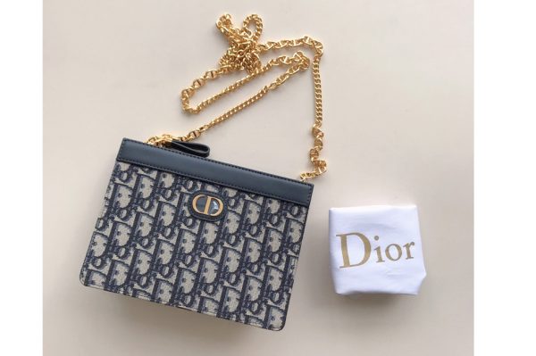 Replica Christian Dior S5106 Dior Caro zipped pouch with chain in Blue Dior Oblique Embroidered