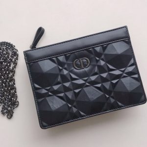 Replica Christian Dior S5106 Dior Caro zipped pouch in Black Cannage Calfskin with Diamond Motif