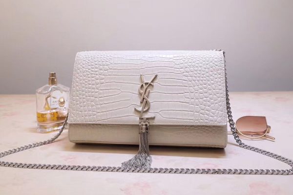 Replica Saint Laurent YSL 354119 Medium Kate Tassel Chain Bag White Crocodile Embossed Leather