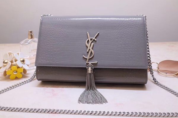 Replica Saint Laurent YSL 354119 Medium Kate Tassel Chain Bag Gray Crocodile Embossed Leather