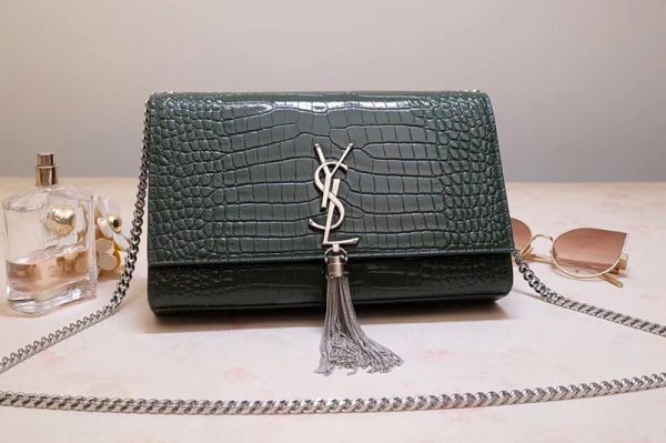 Replica Saint Laurent YSL 354119 Medium Kate Tassel Chain Bag Green Crocodile Embossed Leather