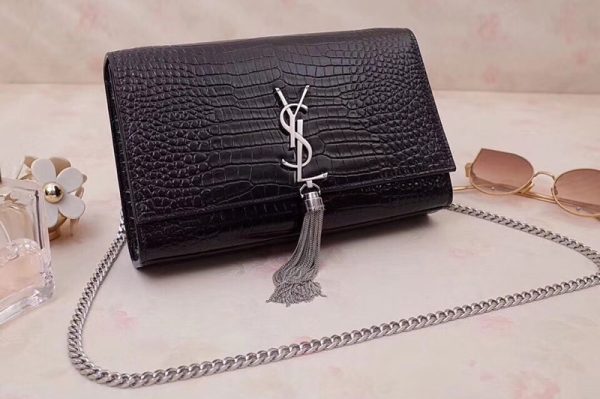 Replica Saint Laurent YSL 354119 Medium Kate Tassel Chain Bag Black Crocodile Embossed Leather