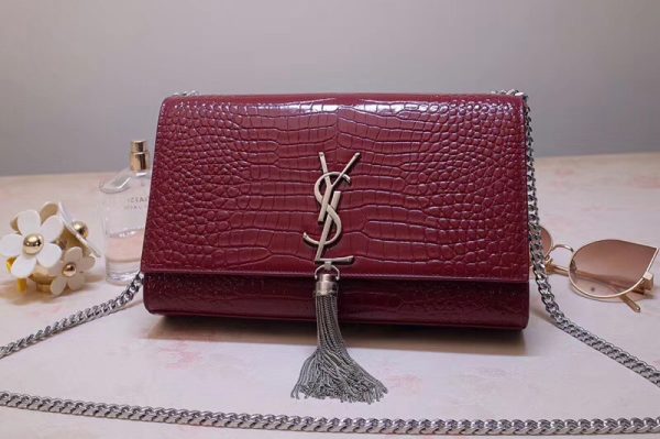 Replica Saint Laurent YSL 354119 Medium Kate Tassel Chain Bag Wine Crocodile Embossed Leather