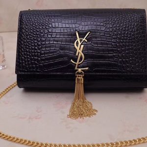 Replica Saint Laurent YSL 354119 Medium Kate Tassel Chain Bag Black Crocodile Embossed Leather Gold Hardware