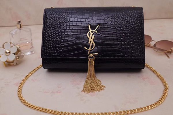 Replica Saint Laurent YSL 354119 Medium Kate Tassel Chain Bag Black Crocodile Embossed Leather Gold Hardware