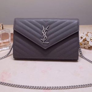 Replica Saint Laurent YSL 377828 Monogram Chain Wallet Bags In Gray Grain De Poudre Embossed Leather