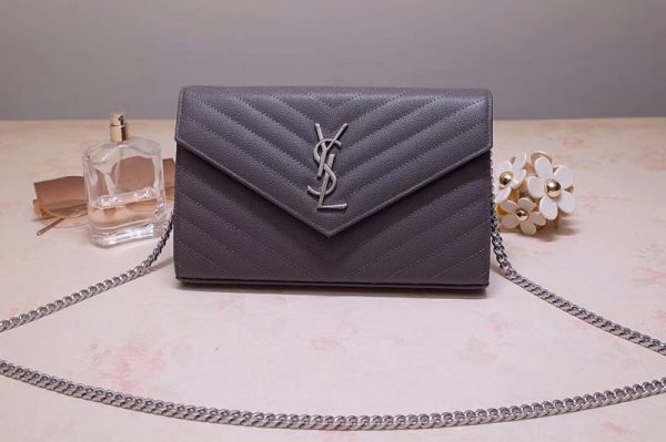 Replica Saint Laurent YSL 377828 Monogram Chain Wallet Bags In Gray Grain De Poudre Embossed Leather