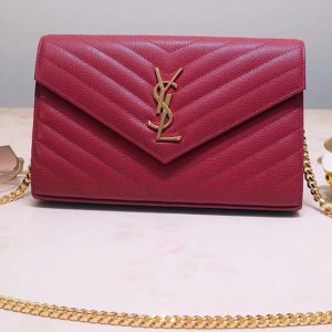 Replica Saint Laurent YSL 377828 Monogram Chain Wallet Bags In Red Grain De Poudre Embossed Leather