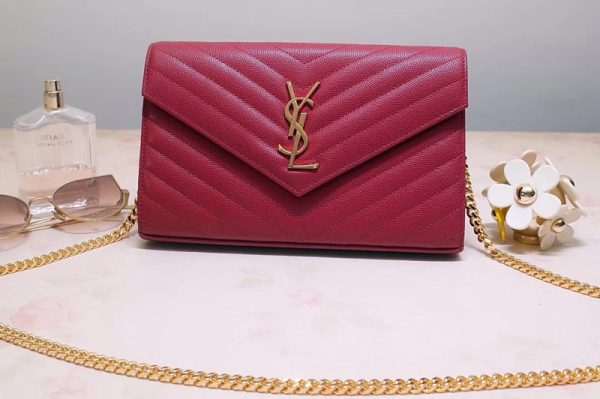 Replica Saint Laurent YSL 377828 Monogram Chain Wallet Bags In Red Grain De Poudre Embossed Leather