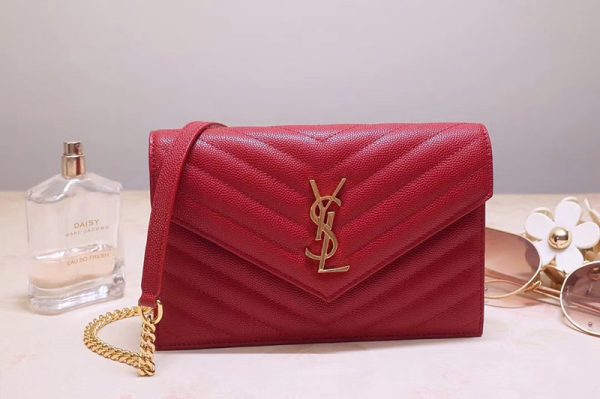 Replica Saint Laurent YSL 393953 Envelope Chain Wallet Bags In Red Grain De Poudre Embossed Leather