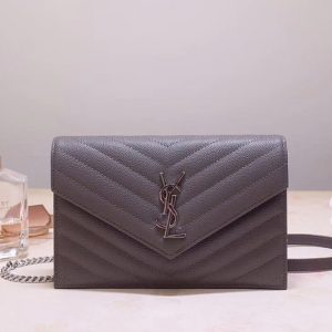 Replica Saint Laurent YSL 393953 Envelope Chain Wallet Bags In Gray Grain De Poudre Embossed Leather