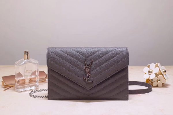 Replica Saint Laurent YSL 393953 Envelope Chain Wallet Bags In Gray Grain De Poudre Embossed Leather