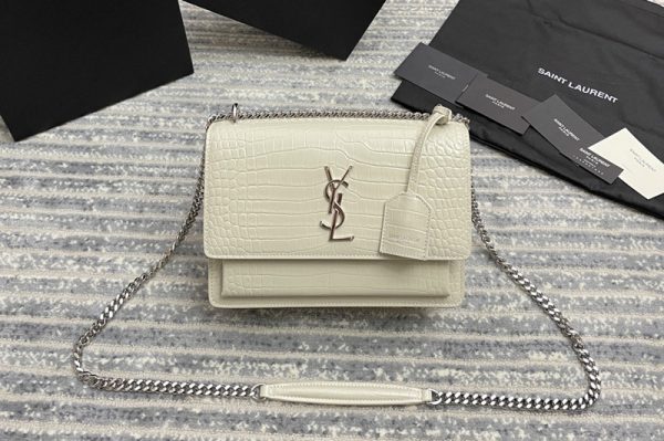 Replica YSL 442906 Saint Laurent Medium Sunset Monogram Bag in White Crocodile Leather With Silver Hardware