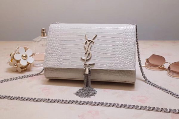 Replica Saint Laurent 474366 Kate Small With Tassel Bags In White Embossed Crocodile Shiny Leather