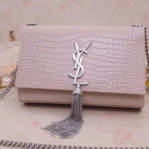 Replica YSL Saint Laurent 474366 Kate Small With Tassel Bags In Pink Embossed Crocodile Shiny Leather Silver Hardware