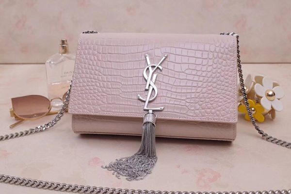 Replica YSL Saint Laurent 474366 Kate Small With Tassel Bags In Pink Embossed Crocodile Shiny Leather Silver Hardware