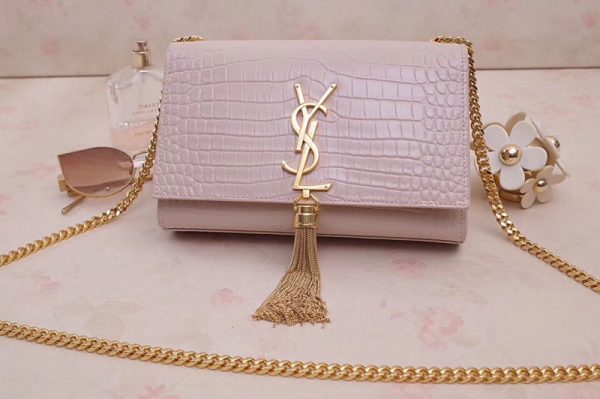 Replica Saint Laurent 474366 Kate Small With Tassel Bags In Pink Embossed Crocodile Shiny Leather Gold Hardware