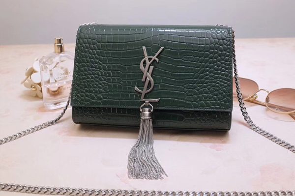 Replica Saint Laurent 474366 Kate Small With Tassel Bags In Green Embossed Crocodile Shiny Leather